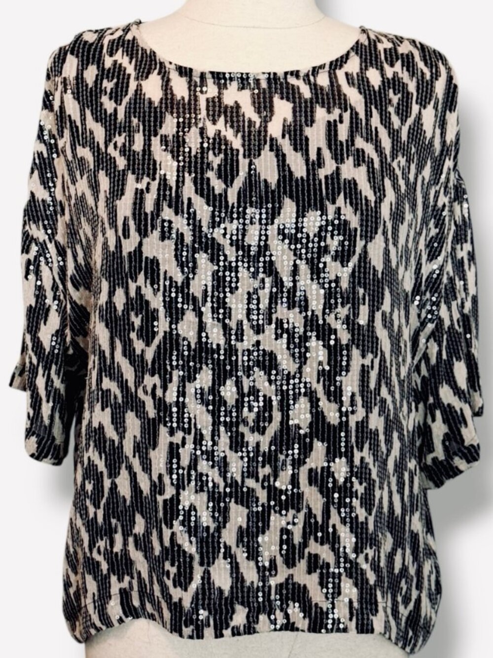Velvet by Graham and Spencer Sequin Animal Print Short Sleeve Blouse Small